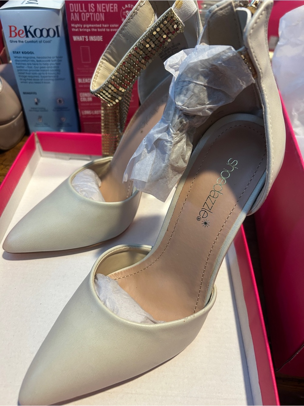 Shoe Dazzle Ivory Pointed-Toe Ankle Strap Heels with Gold Embellished Heel